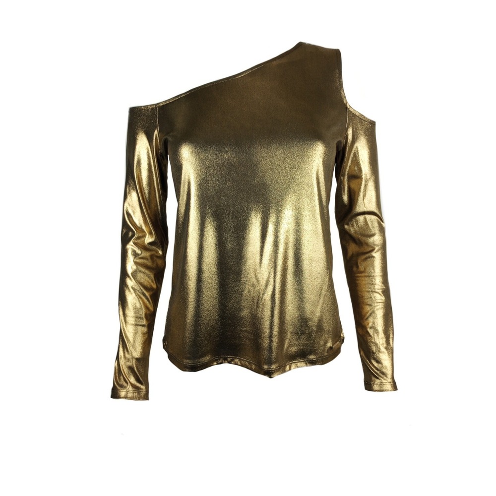 Michael Michael Kors Women's Foil Asymmetric Neck Gold Shoulder Top L
